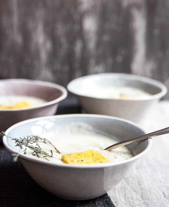 Garlic Soup + Rosemary Polenta Croutons