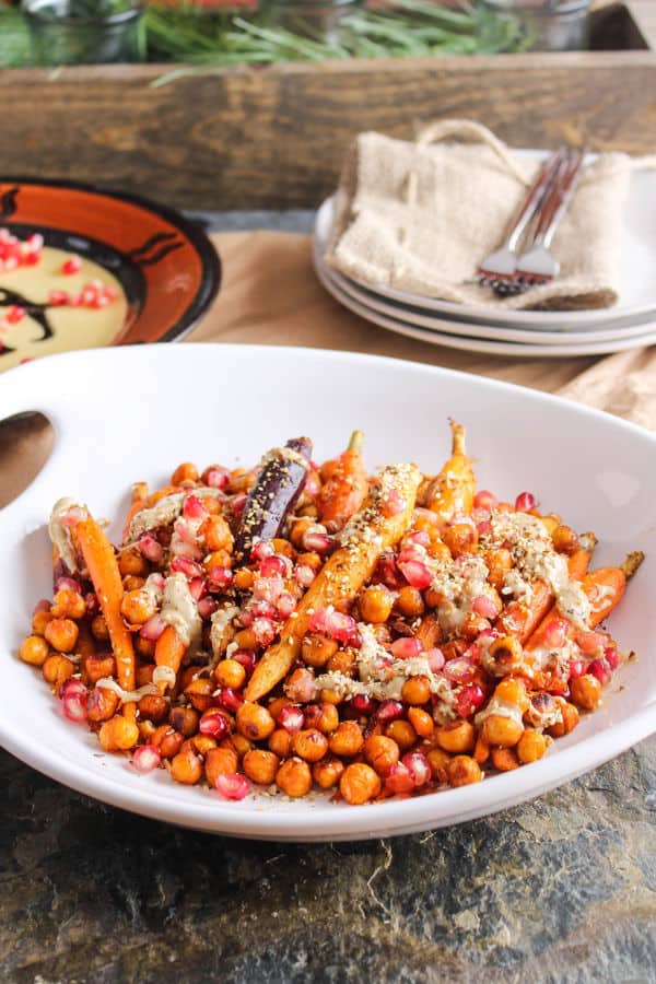 Harissa Roasted Carrots & Chickpeas with Pomegranate, Tahini & Dukkah