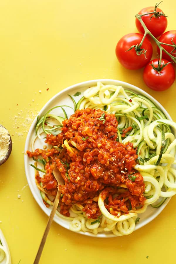 30-Minute Zucchini Pasta with Lentil Bolognese