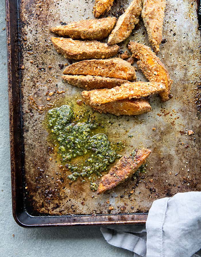 Almond Crusted Sweet Potato Tenders + Mint and Pistachio Chutney