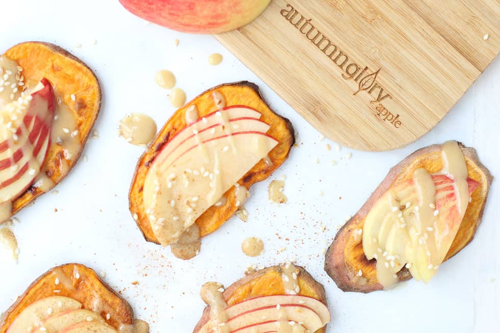 Apple Sweet Potato Toast with Maple Tahini Drizzle