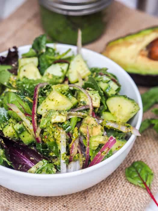 Avocado Cucumber Salad with Zesty Pesto Dressing