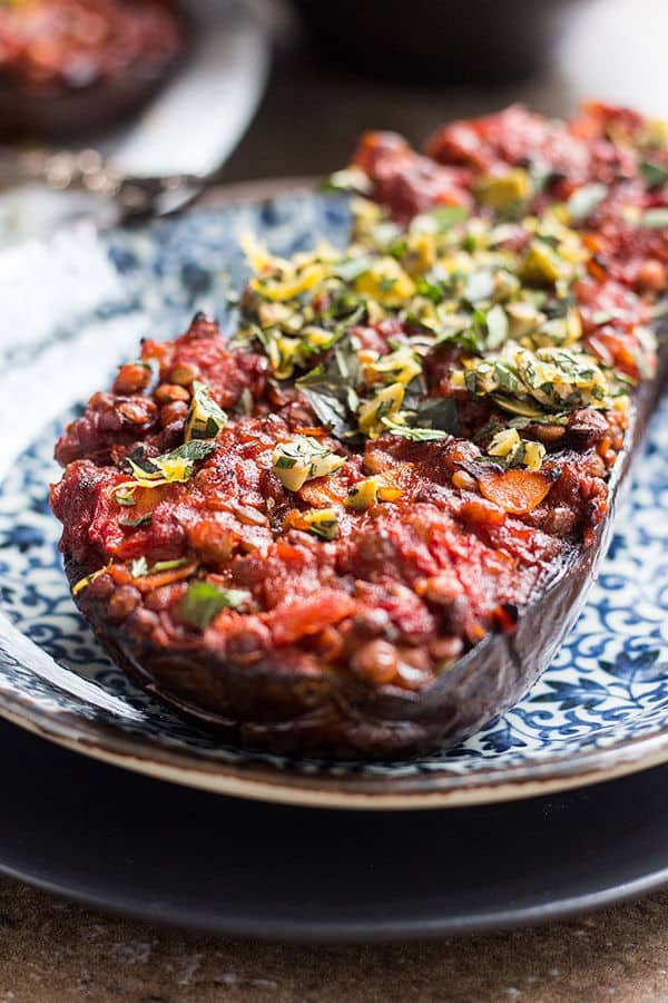 Baked Eggplant with Lentils, Tomatoes and a Herby Topping