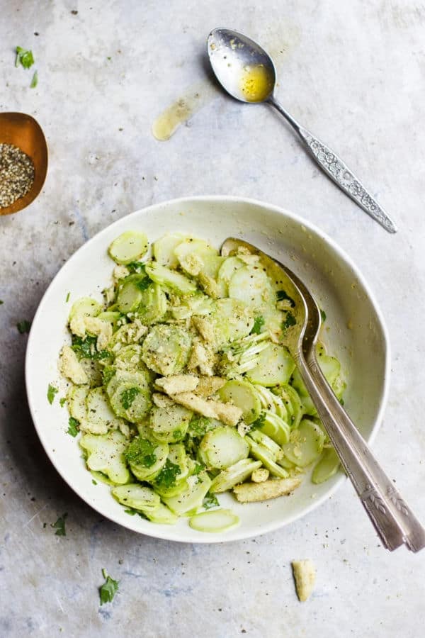 Broccoli Stem Salad with Lemony Vinaigrette + Black Pepper Crumbs