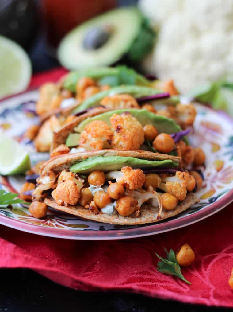 Buffalo Cauliflower and Chickpea Hard Tacos