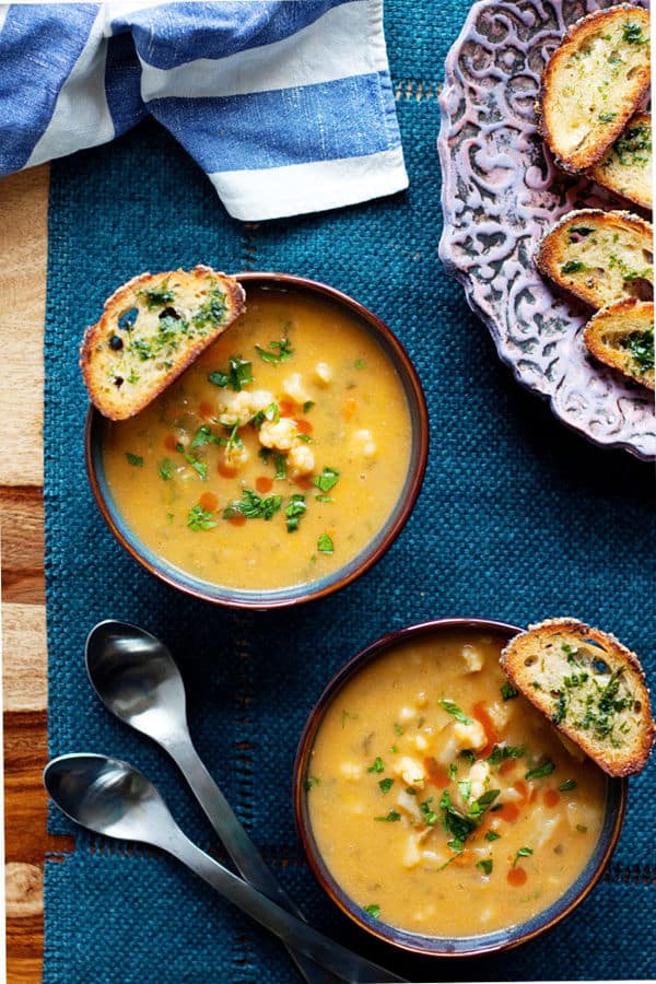 Buffalo Cauliflower Chowder with Herbed Crostini