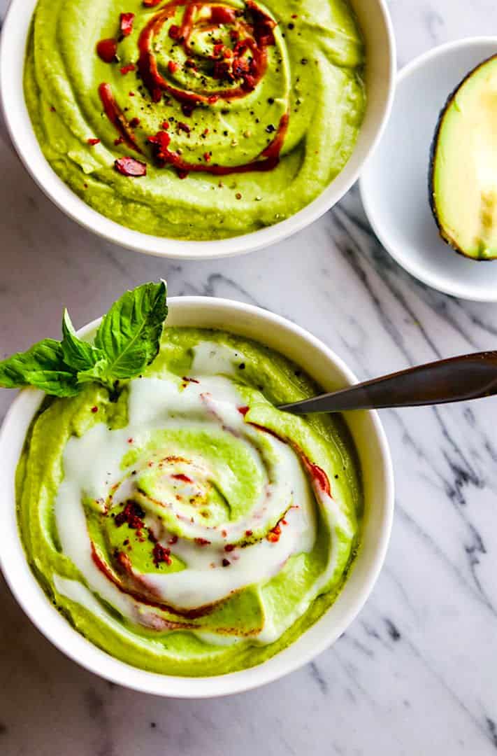 Chilled Artichoke Avocado Spring Pea Soup with Healthy Prebiotics