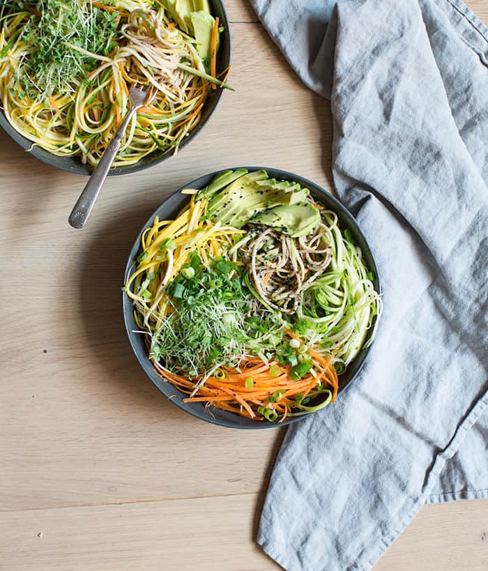 Cold Soba Noodle Salad With Raw Veggie Noodles + A Spicy Sunflower Seed Sauce