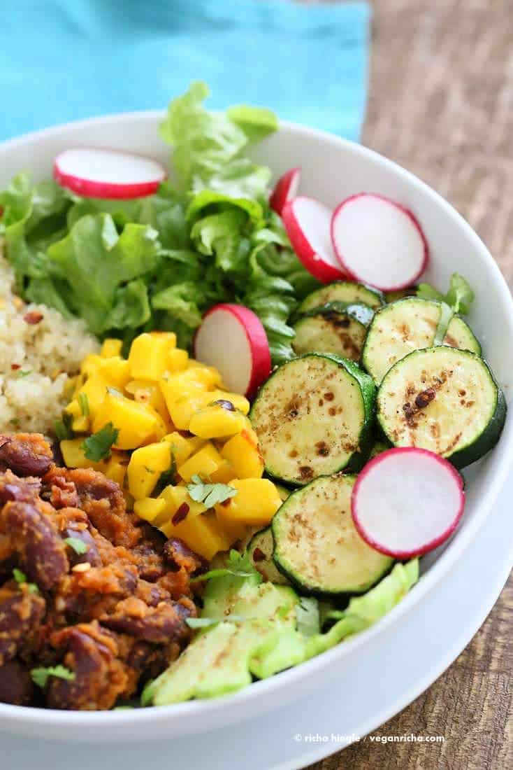 Curried Kidney Beans, Quinoa, Roasted Zucchini, Mango Salsa Bowl