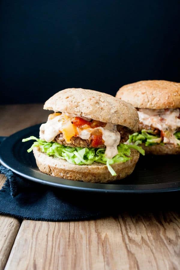 Easy Grillable Sweet and Spicy Black Bean Burgers with Mango Habanero Cream