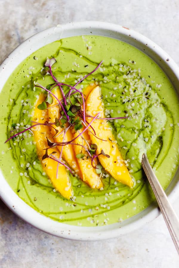 Green Smoothie Bowls with Mango + Hemp Seeds