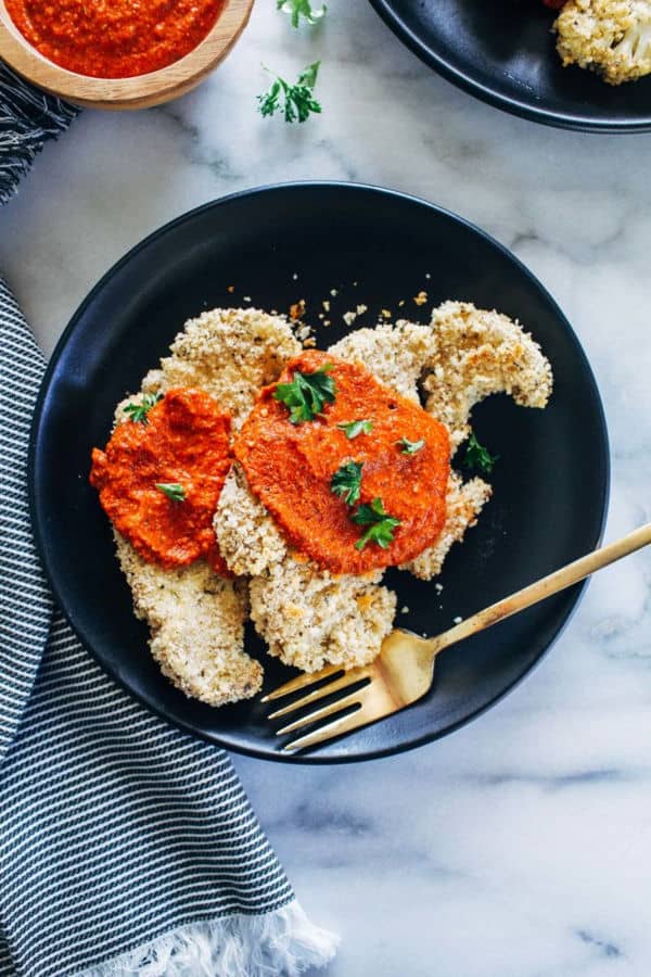 Herb Crusted Cauliflower Steaks with Romesco Sauce