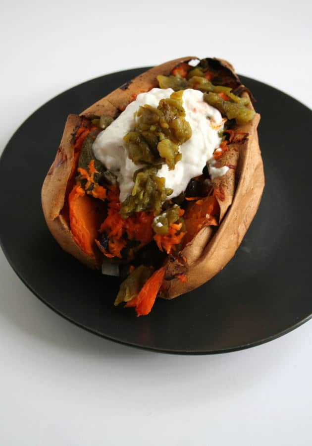 Loaded Sweet Potato with Spicy Black Beans and Green Chiles