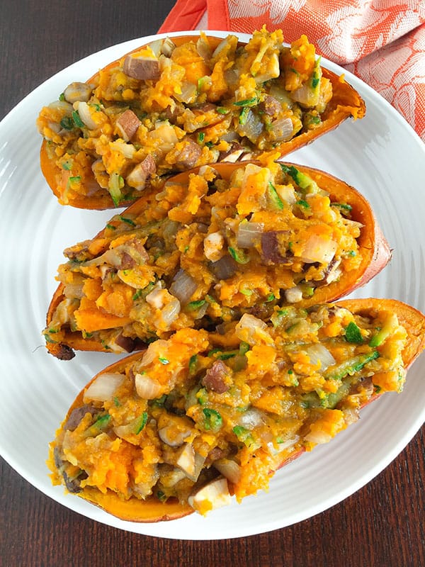 Loaded Sweet Potatoes with Shredded Zucchini, Mushrooms, and Onion