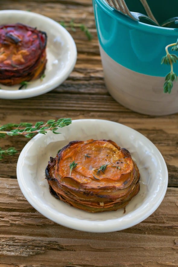 Maple and Thyme Potato-Beet-Sweet Potato Stacks