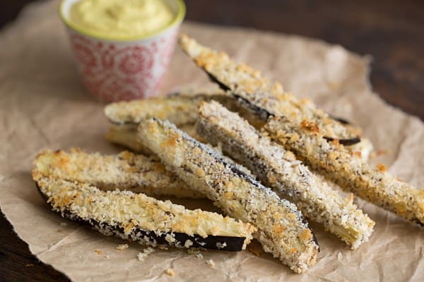 Panko-Crusted Baked Eggplant Fries with Curried Cashew Aioli