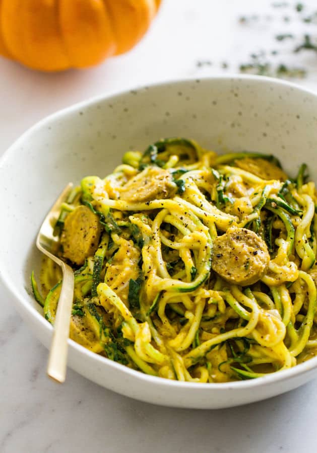 Quick N’ Healthy Creamy Pumpkin Sauce with Kale, Sausage and Zucchini Noodles