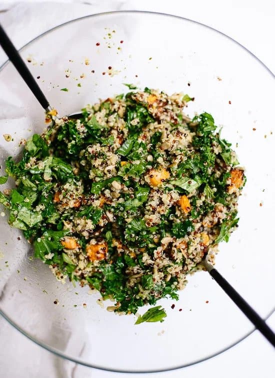 Quinoa Salad with Roasted Sweet Potato, Kale and Pesto Vinaigrette