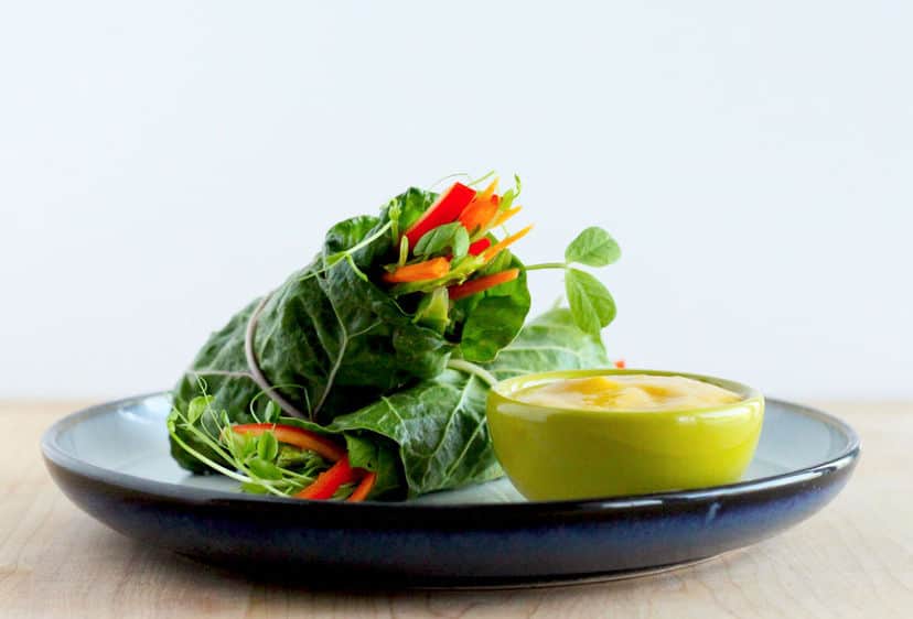 Raw Chard Salad Rolls with Spicy Mango Dip