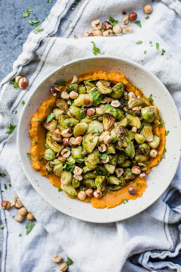 Roasted Brussels Sprouts with Sweet Potato Mash and Hazelnuts