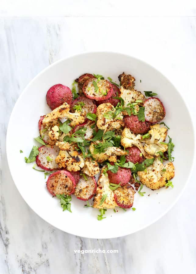 Roasted Cauliflower and Radishes with Mustard Seeds, Nigella, and Fennel Seeds