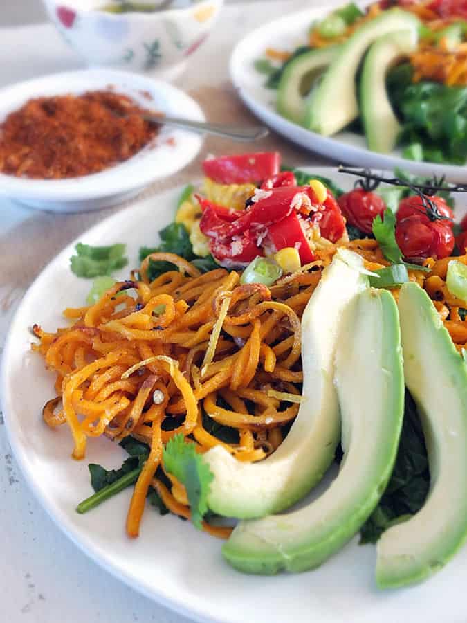 Roasted Corn, Sweet Potato Noodle And Avocado Salad With Toasted Buckwheat Dukkah