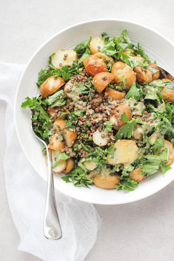 Roasted New Potato, Lentil + Kale Salad With Lemon Caper Dressing