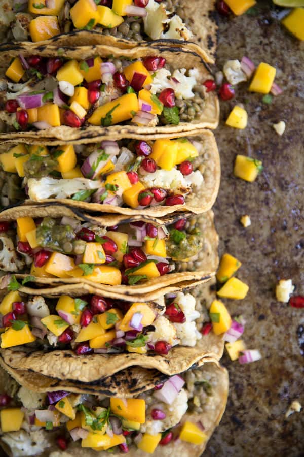 Salsa Verde Cauliflower and Lentil Tacos with Mango Pomegranate Salsa