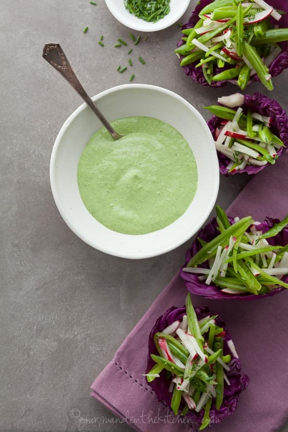 Snap Pea Slaw Cups with Avocado Chive Cream