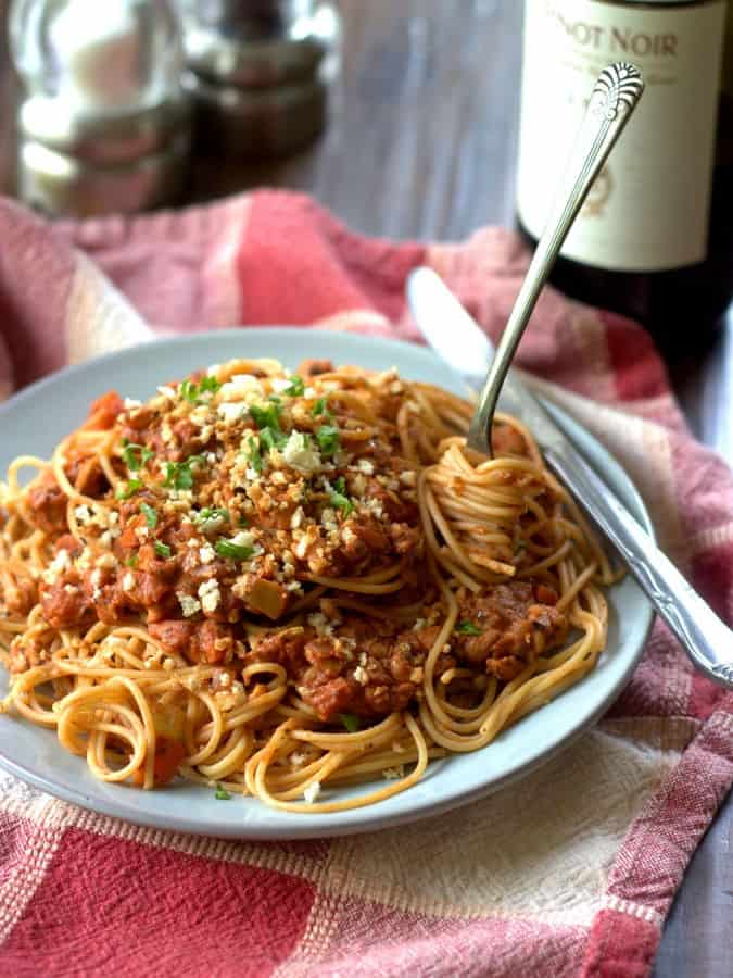 Spaghetti with Tempeh Ragù and Toasted Panko