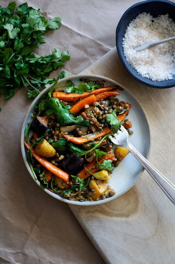 Spicy Roasted Carrot and Eggplant Salad with Puy Lentils and Preserved Lemon