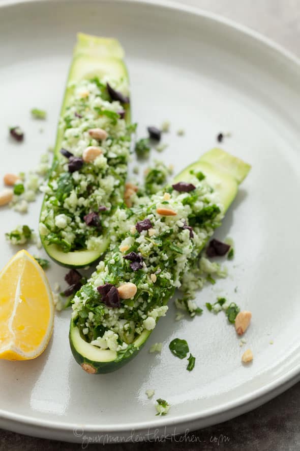 Spinach and Herb Cauliflower Couscous Stuffed Zucchini