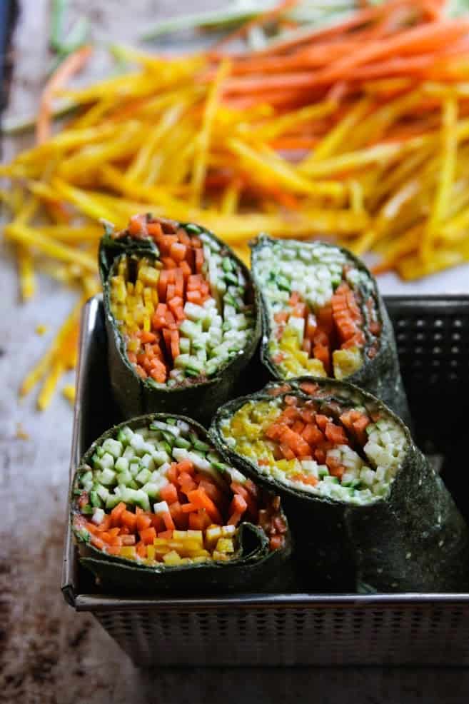 Spinach Tortillas Filled with Mashed Avocado and Shredded Veggies