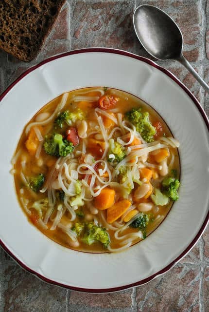 Sweet Potato and Rice Noodle Soup with Broccoli and White Beans