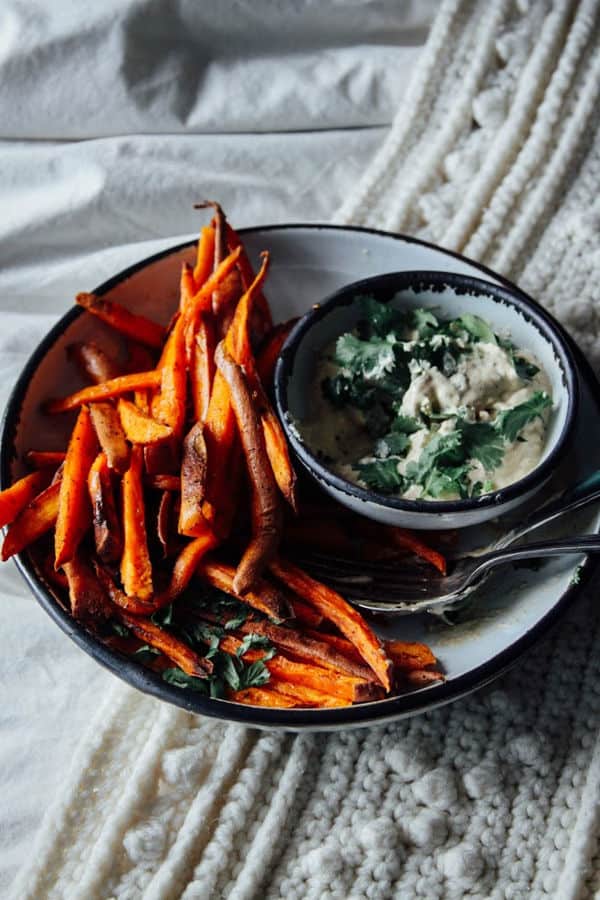 Sweet Potato Fries with Lemon Cashew Chipotle Dip