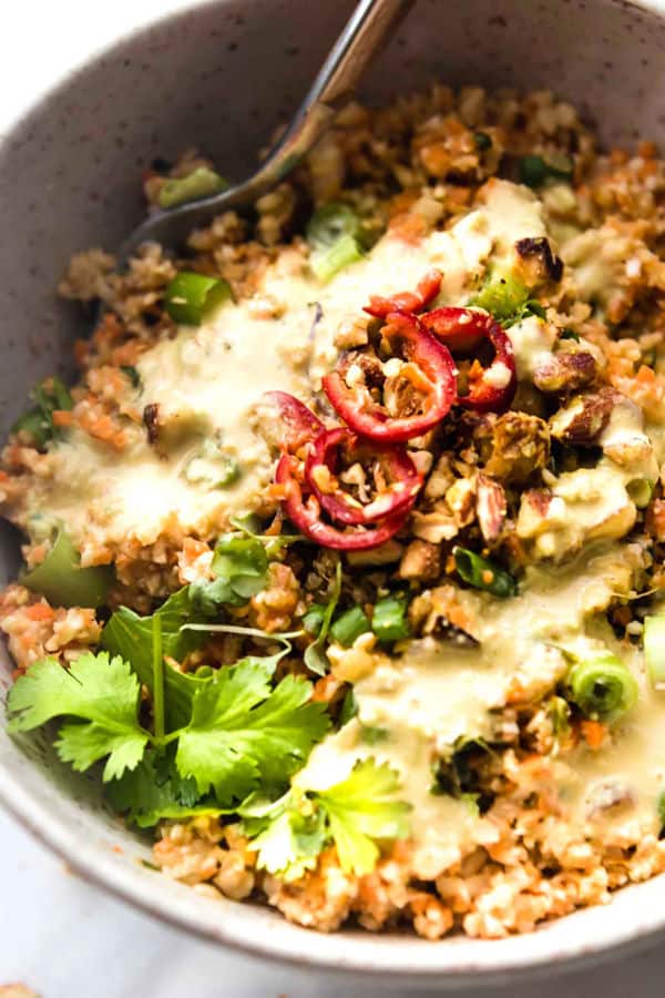 Thai Carrot Cauliflower Rice Salad with Avocado Cream Dressing