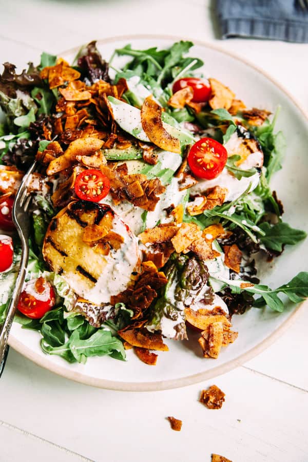 Vegan BLT Salad With Coconut Bacon, Tangy Lemon Pepper Dressing, Grilled Peaches and Avocado