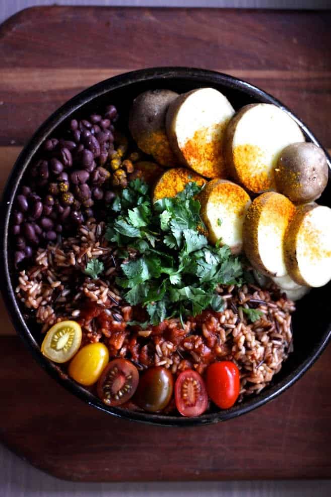 Wild Rice with Black Beans, Cherry Tomatoes + Steamed Potatoes
