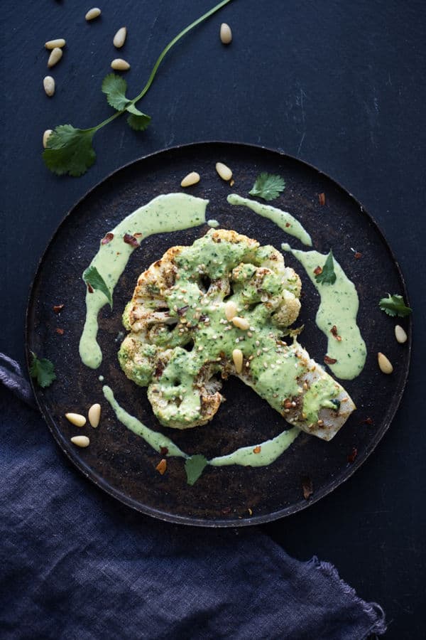 Zaatar Roasted Cauliflower Steaks with Green Tahini Sauce