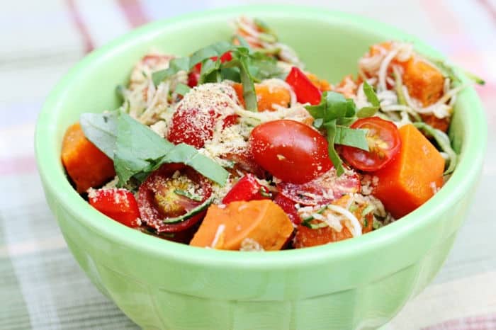 Zucchini Pasta with Cherry Tomatoes, Sweet Potato, Basil, and Hemp “Parmesan”