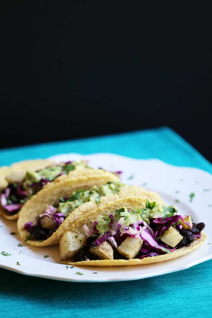 Black Bean and Potato Tacos with Guacaverde and Quick Pickled Cilantro-Lime Slaw