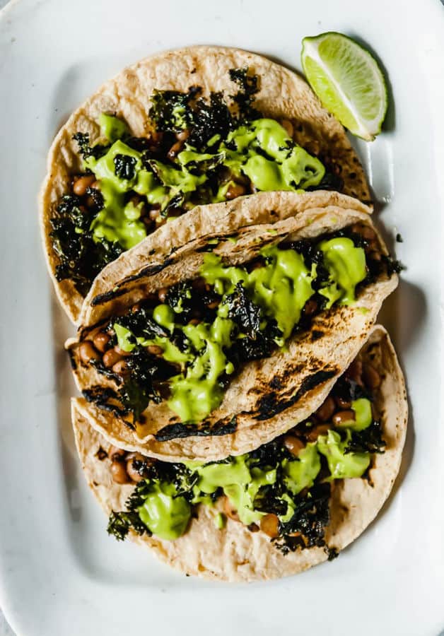 Black Eyed Pea and Kale Tacos with Avocado Jalapeno Sauce