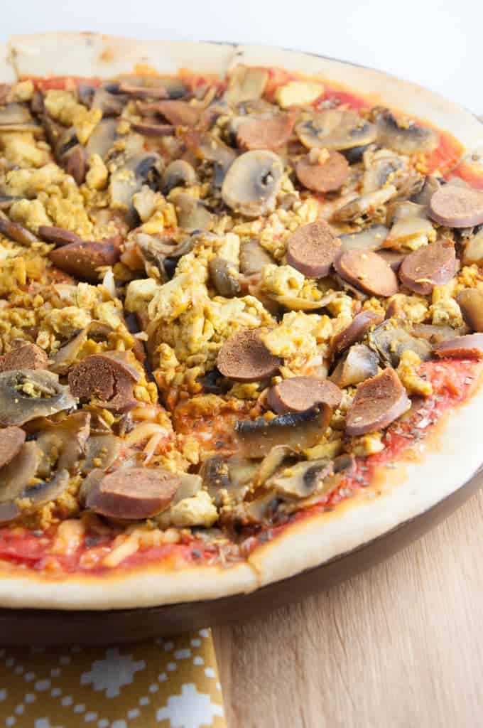 Breakfast Pizza with Mushrooms and Veggie Sausage