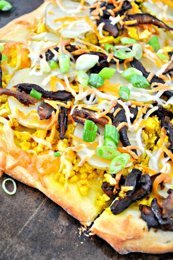 Breakfast Pizza with Shiitake Bacon and Tofu Scramble