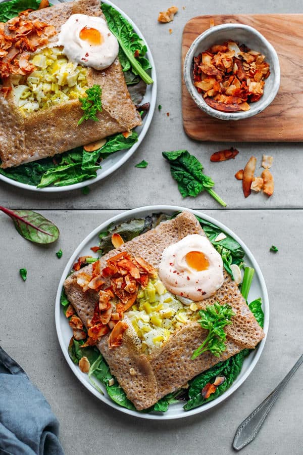 Buckwheat Crepes with Leek Fondue and Coconut Bacon