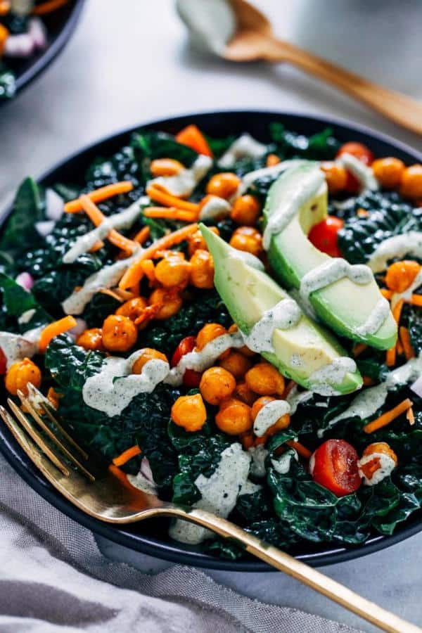 Buffalo Chickpea Kale Salad with Hemp Ranch Dressing