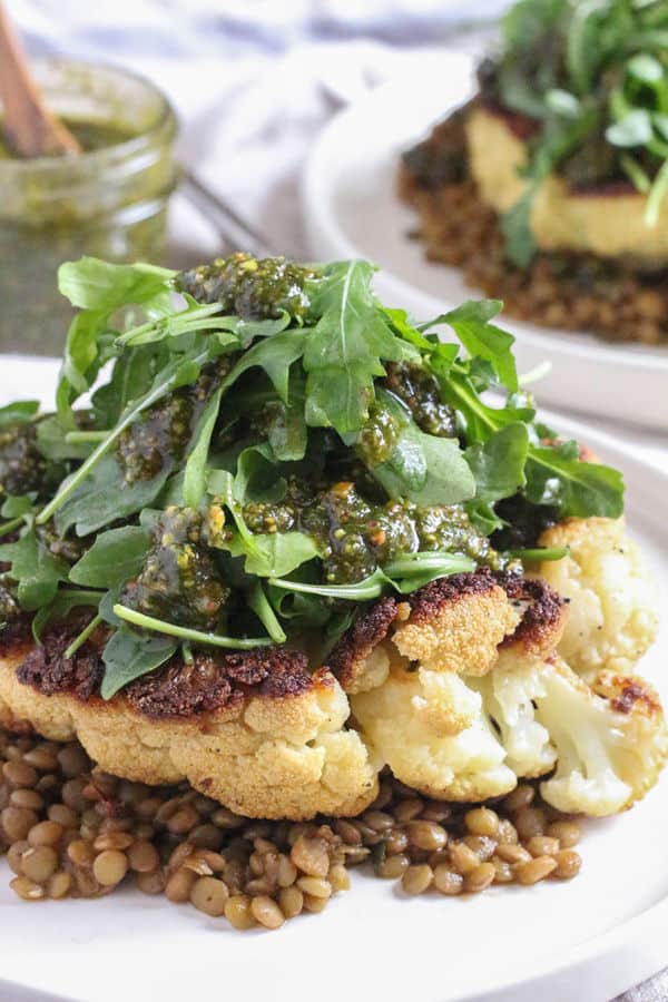 Cauliflower Steaks with Lentils and Pistachio Mint Pesto