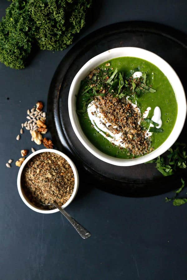 Celeriac Apple Kale Soup with Walnut Dukkah