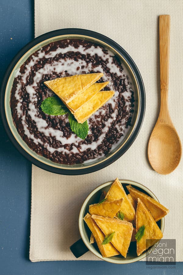 Champorado (Filipino Chocolate Rice Porridge) with Salted Tofu Chips