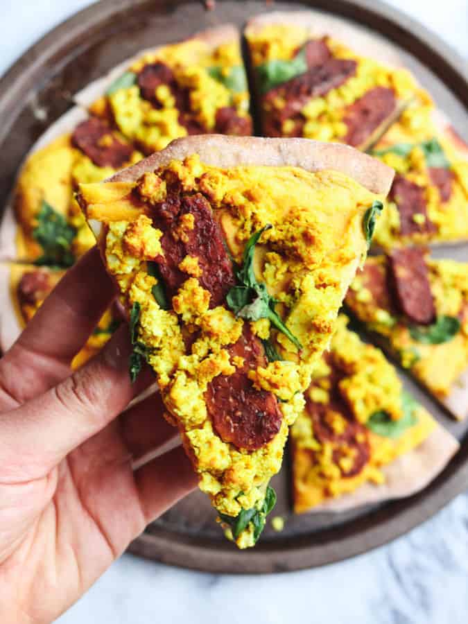Cheezy Breakfast Pizza with Smoky Tempeh Bacon